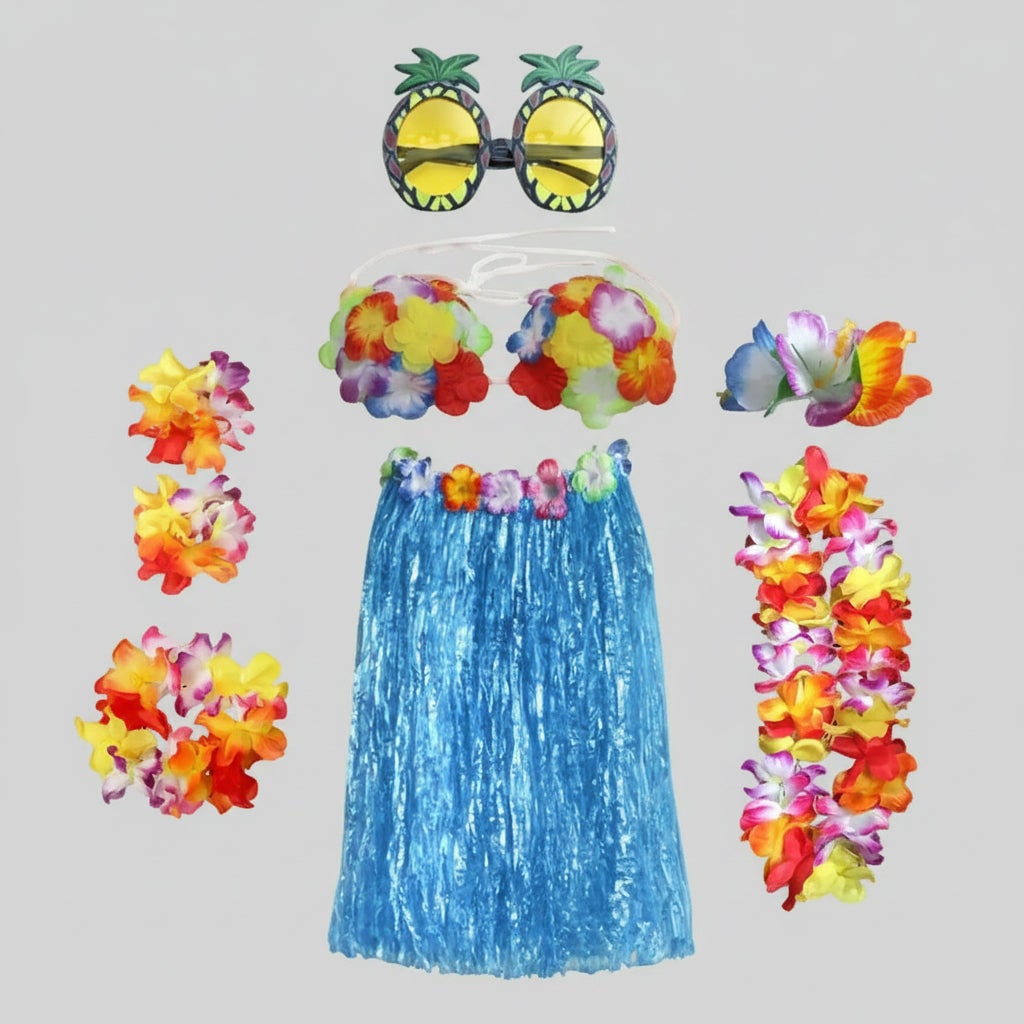 Thermabuild | Girls' Halloween Group of Four Hula Skirt Costume Set with Grass Flower Lei Headband and Wristbands