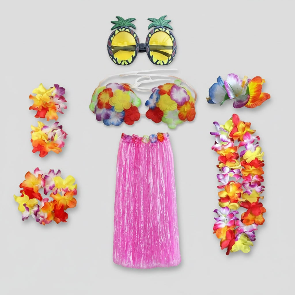 Thermabuild | Girls' Halloween Group of Four Hula Skirt Costume Set with Grass Flower Lei Headband and Wristbands