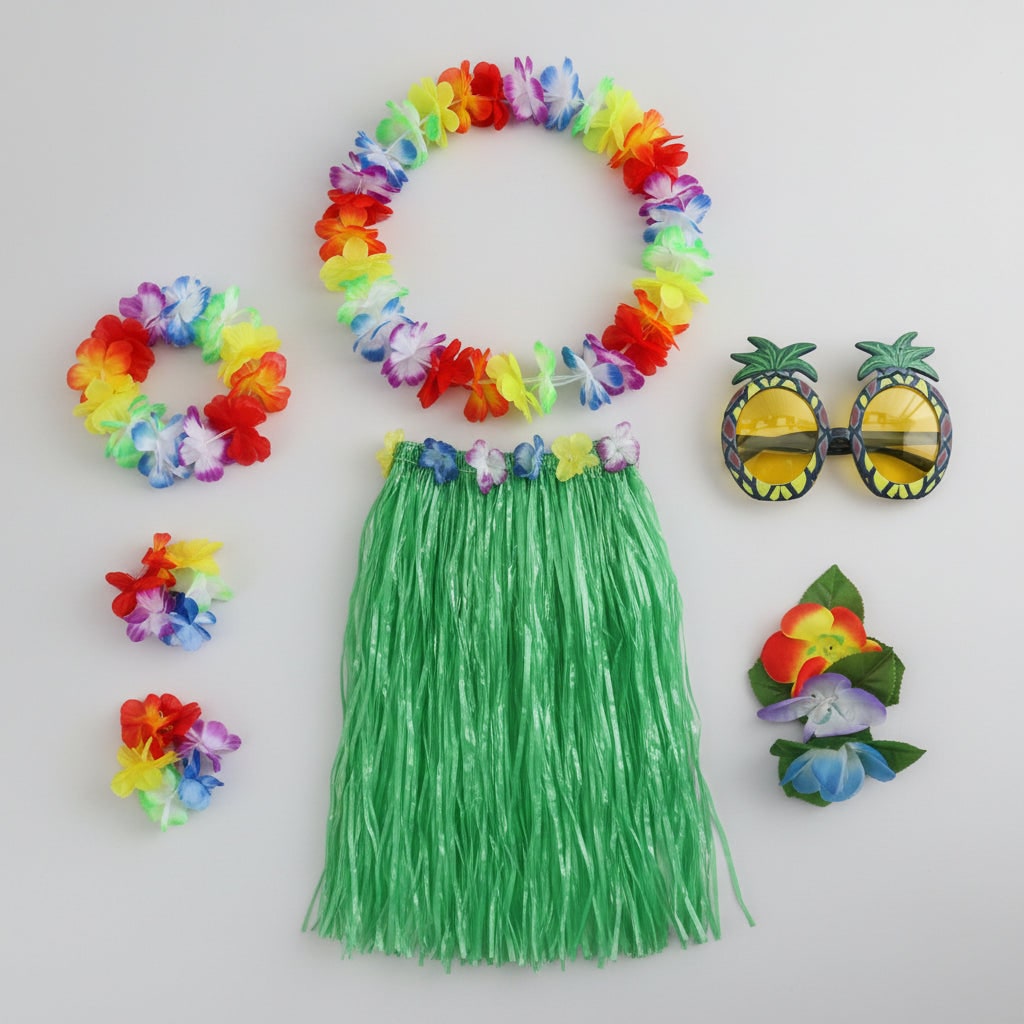 Thermabuild | Girls' Halloween Group of Four Hula Skirt Costume Set with Grass Flower Lei Headband and Wristbands