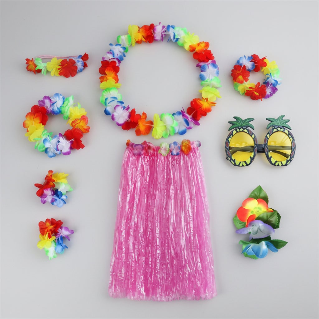 Thermabuild | Girls' Halloween Group of Four Hula Skirt Costume Set with Grass Flower Lei Headband and Wristbands