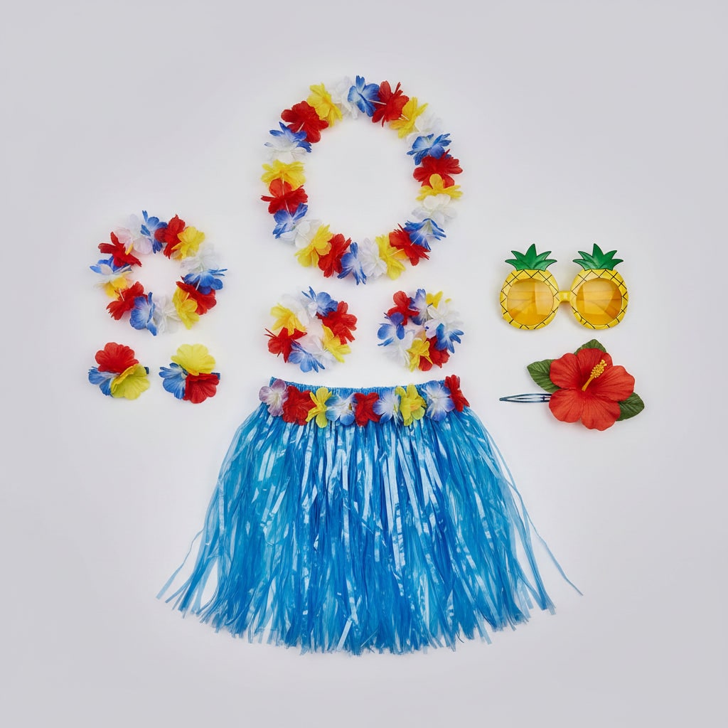 Thermabuild | Girls' Halloween Group of Four Hula Skirt Costume Set with Grass Flower Lei Headband and Wristbands