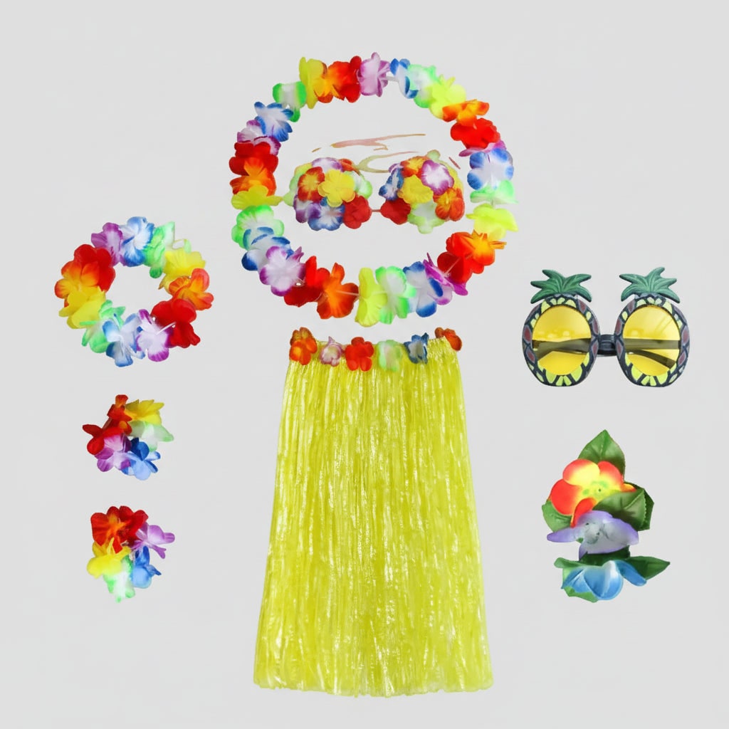 Thermabuild | Girls' Halloween Group of Four Hula Skirt Costume Set with Grass Flower Lei Headband and Wristbands