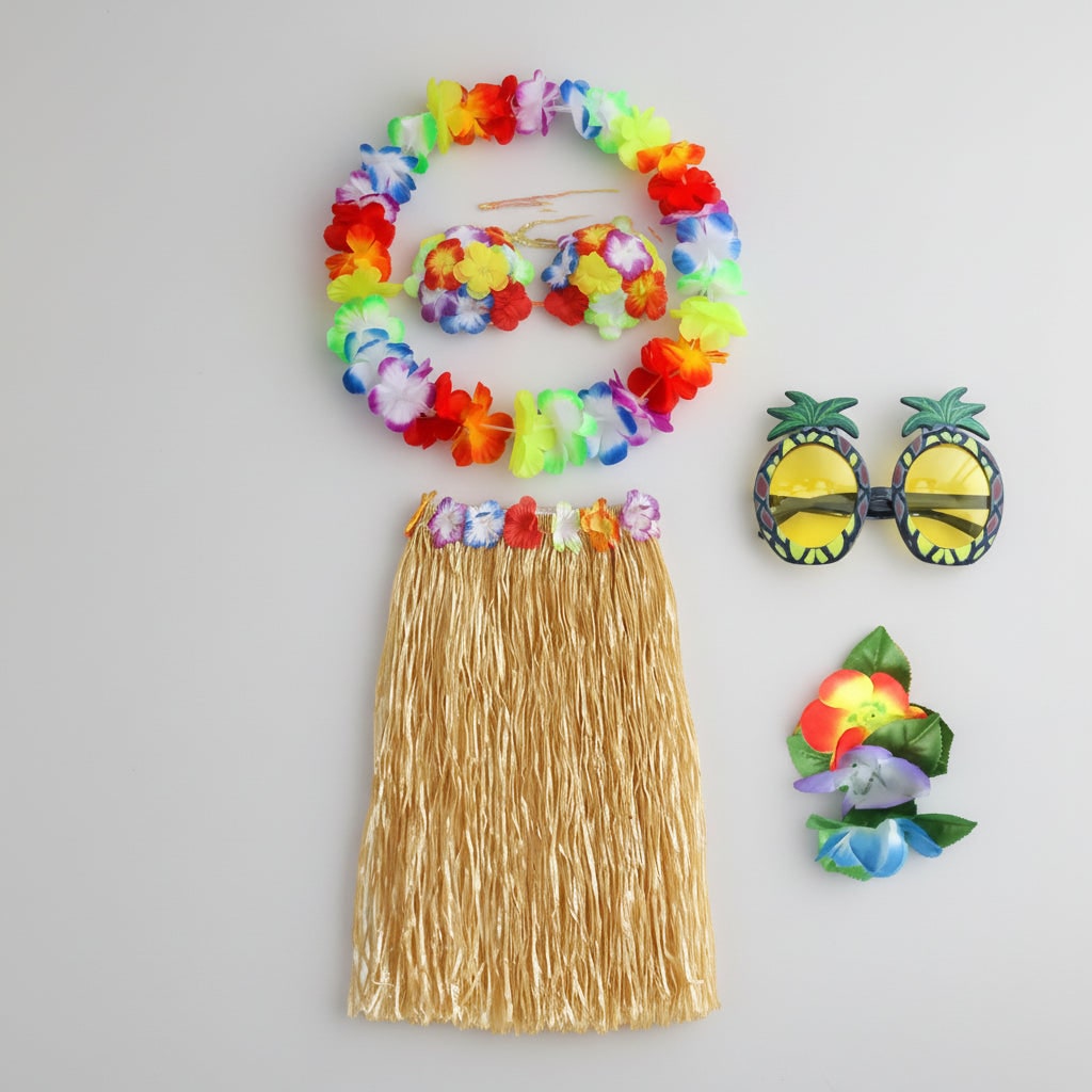 Thermabuild | Girls' Halloween Group of Four Hula Skirt Costume Set with Grass Flower Lei Headband and Wristbands