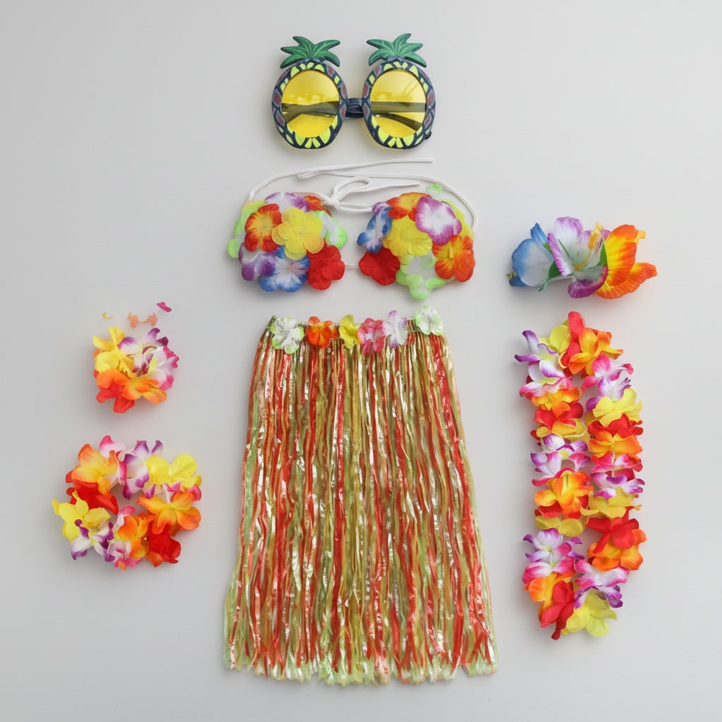 Thermabuild | Girls' Halloween Group of Four Hula Skirt Costume Set with Grass Flower Lei Headband and Wristbands