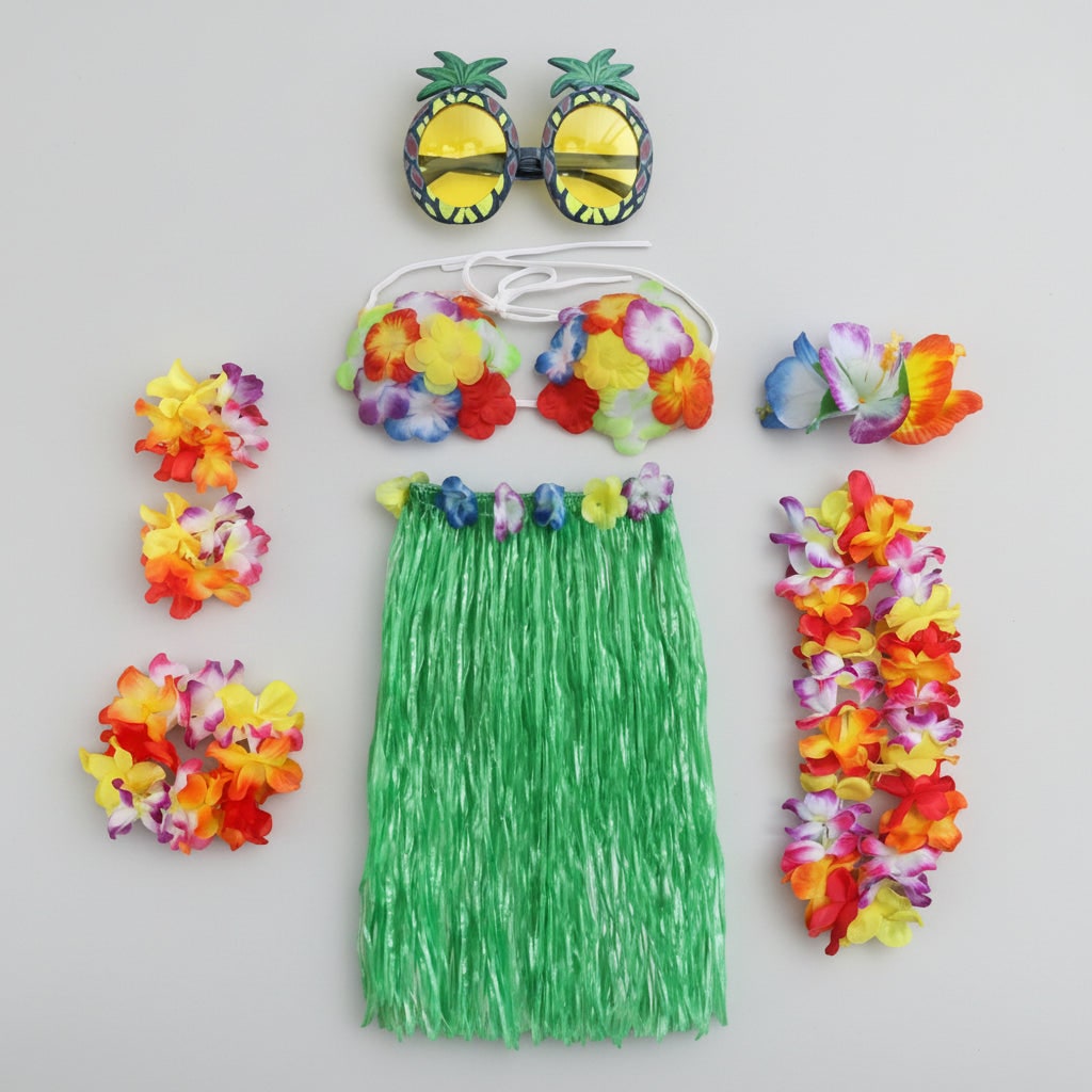 Thermabuild | Girls' Halloween Group of Four Hula Skirt Costume Set with Grass Flower Lei Headband and Wristbands