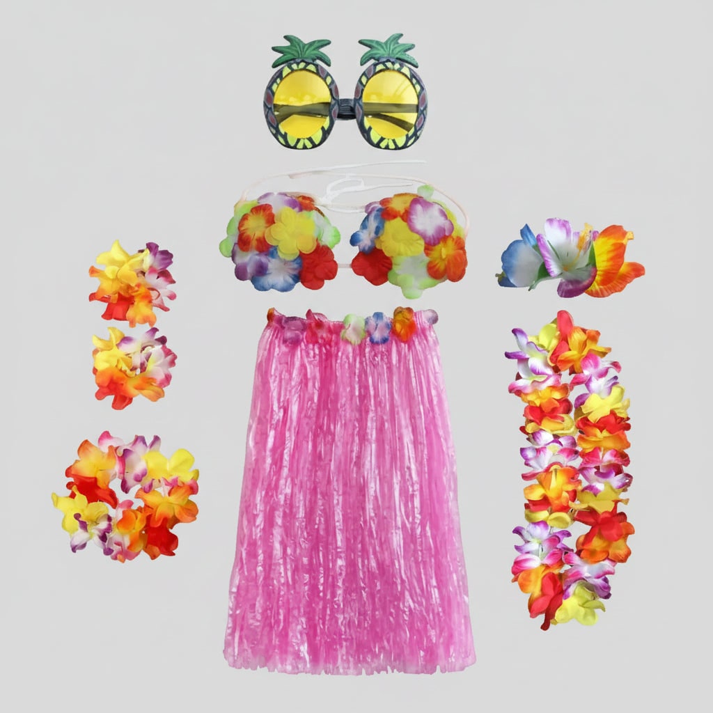 Thermabuild | Girls' Halloween Group of Four Hula Skirt Costume Set with Grass Flower Lei Headband and Wristbands