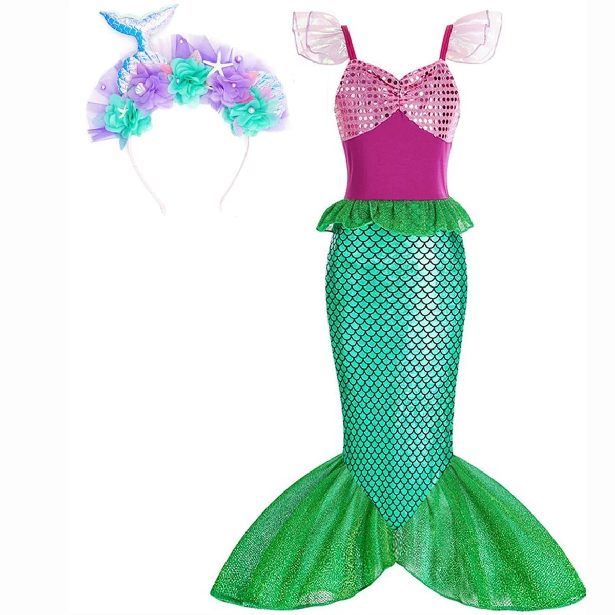 Thermabuild | Girls' Halloween Mermaid Costume Outfit with Accessories for Dress-Up Party Ariel
