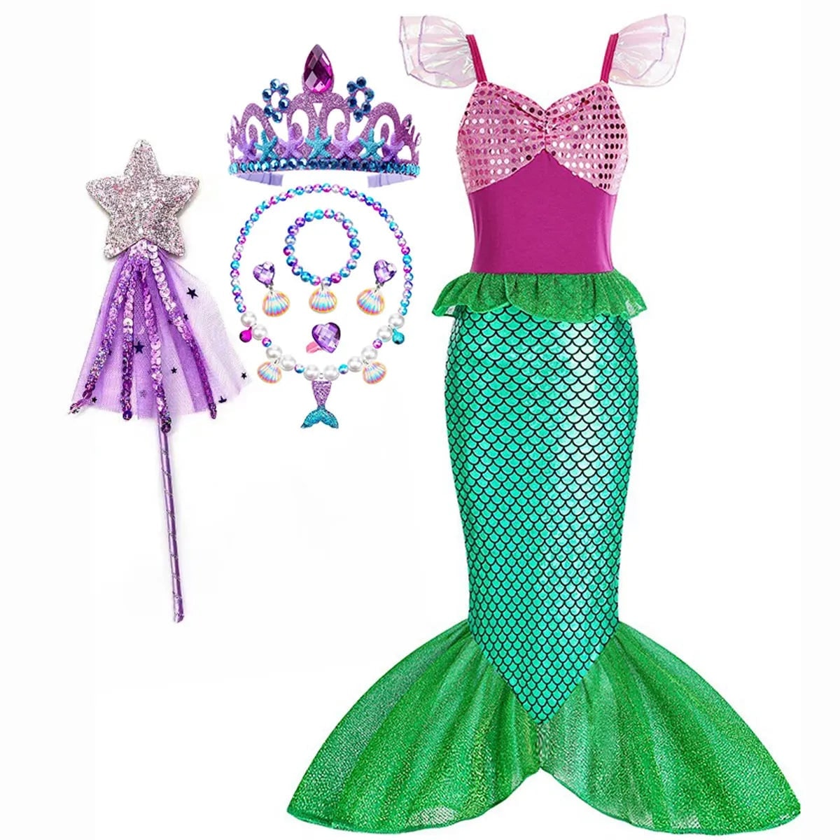 Thermabuild | Girls' Halloween Mermaid Costume Outfit with Accessories for Dress-Up Party Ariel