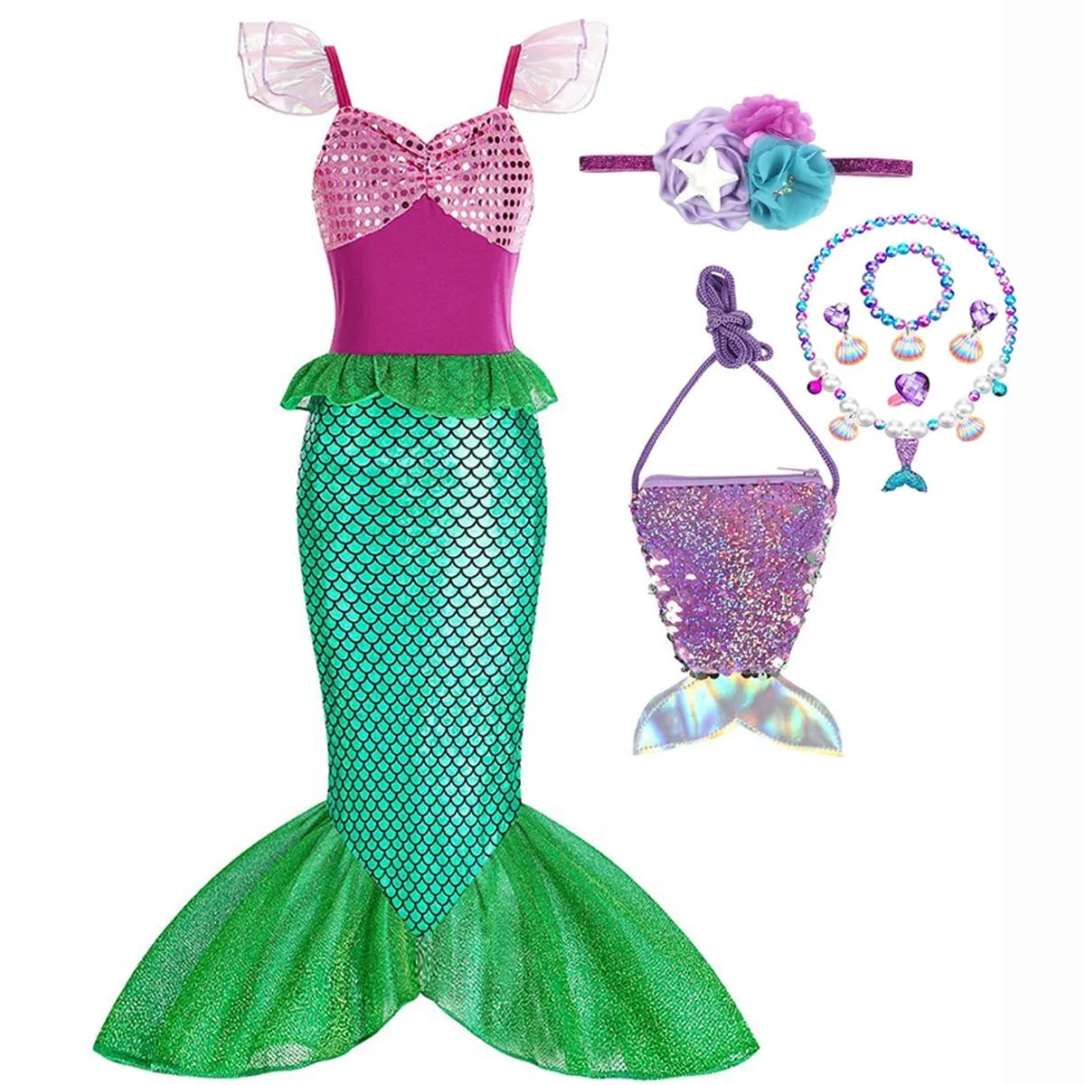 Thermabuild | Girls' Halloween Mermaid Costume Outfit with Accessories for Dress-Up Party Ariel