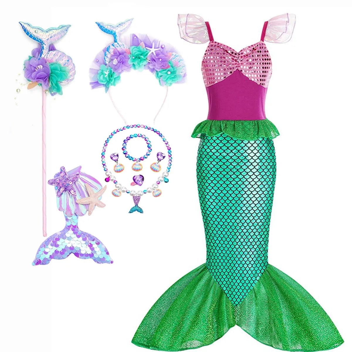 Thermabuild | Girls' Halloween Mermaid Costume Outfit with Accessories for Dress-Up Party Ariel