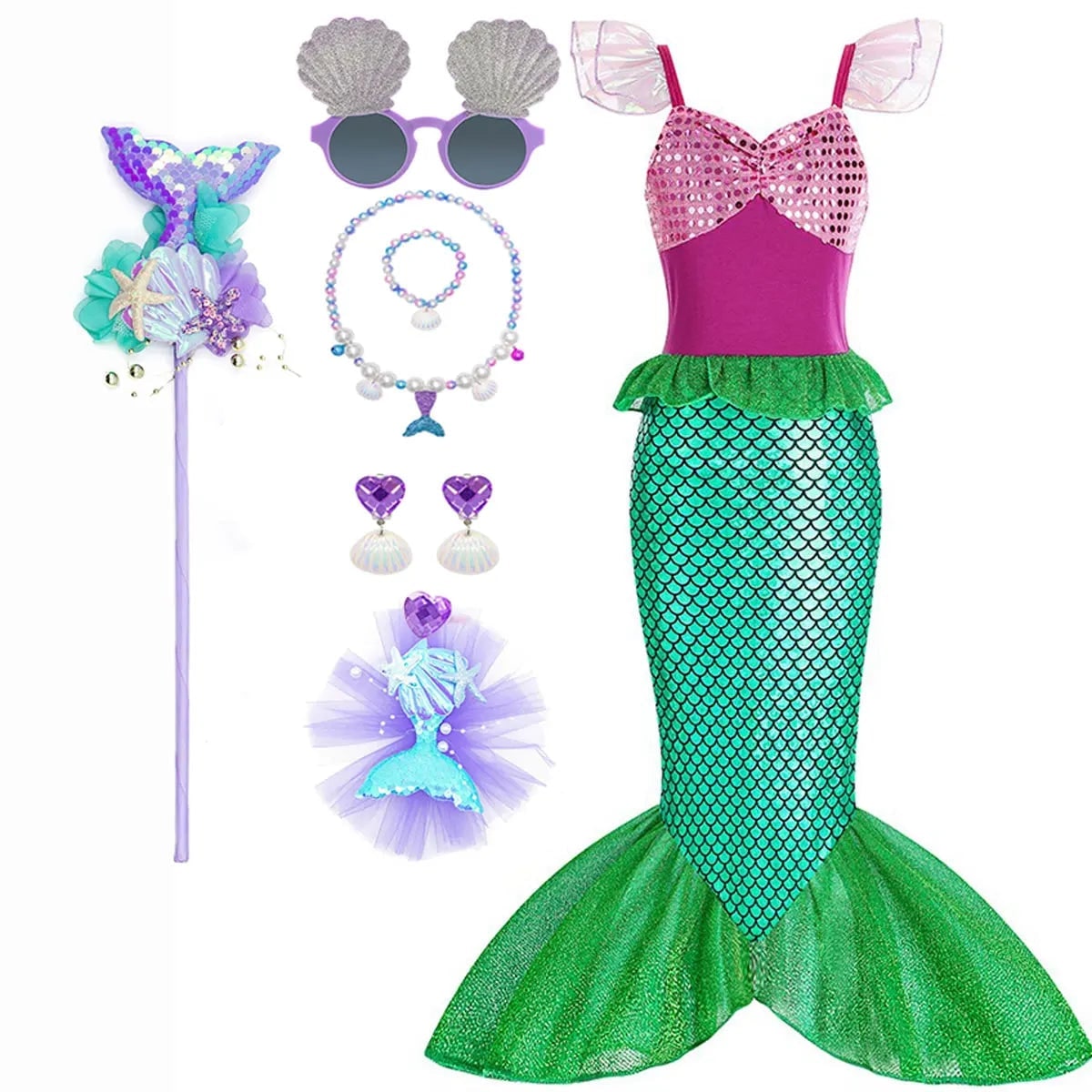 Thermabuild | Girls' Halloween Mermaid Costume Outfit with Accessories for Dress-Up Party Ariel