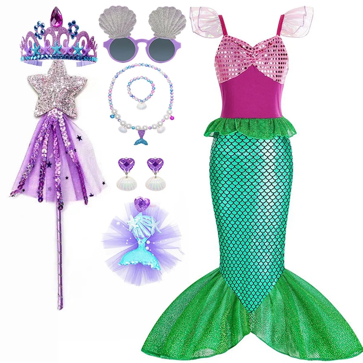 Thermabuild | Girls' Halloween Mermaid Costume Outfit with Accessories for Dress-Up Party Ariel