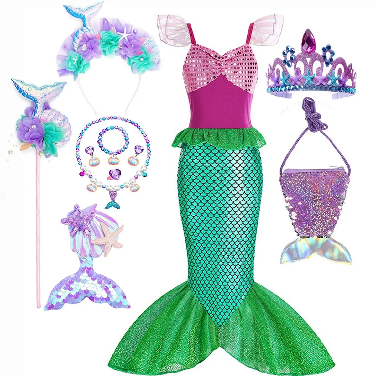 Thermabuild | Girls' Halloween Mermaid Costume Outfit with Accessories for Dress-Up Party Ariel