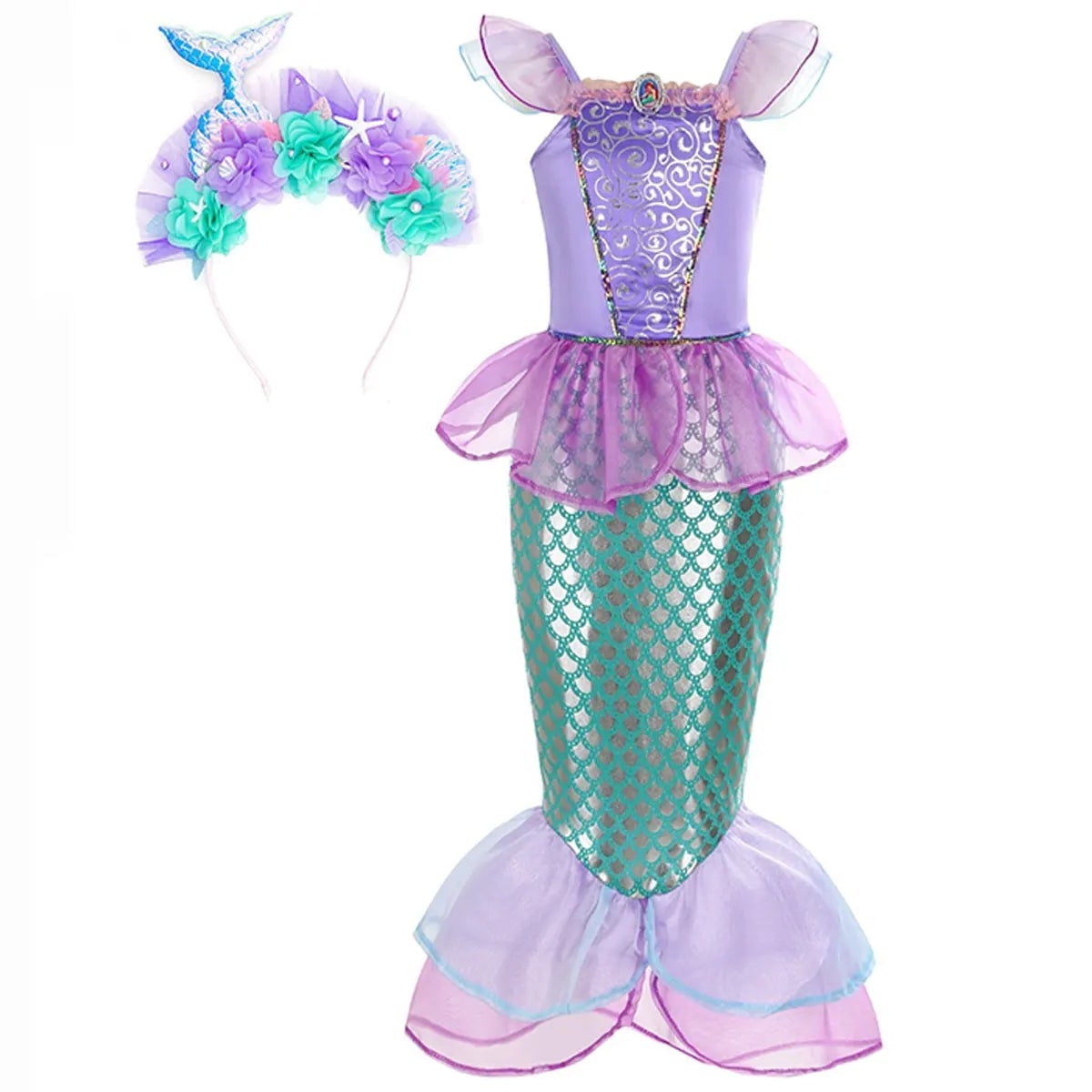 Thermabuild | Girls' Halloween Mermaid Costume Outfit with Accessories for Dress-Up Party Ariel