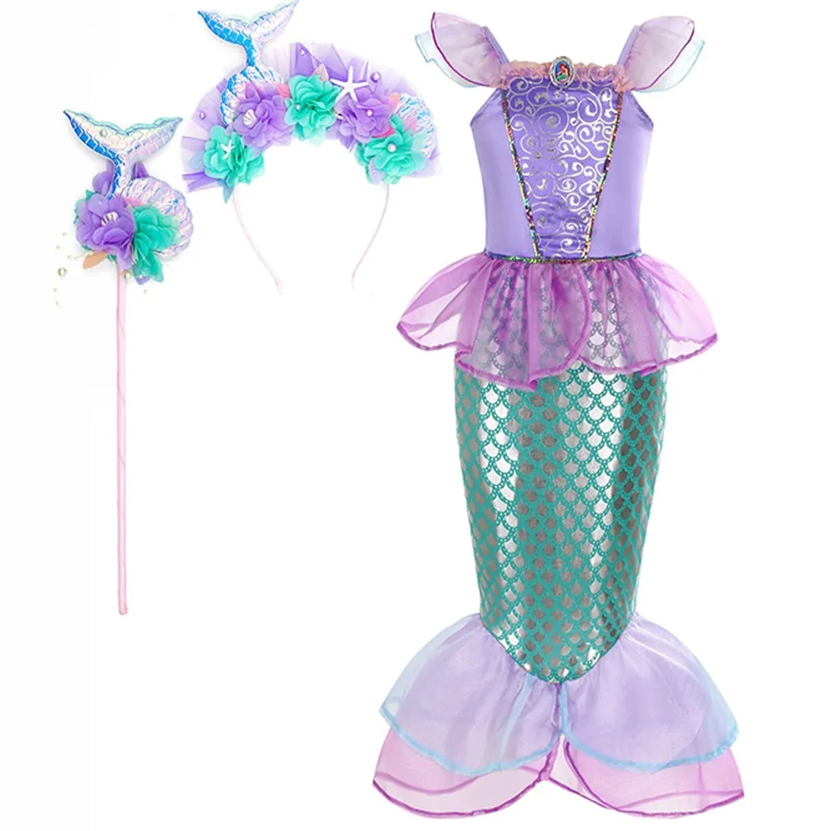 Thermabuild | Girls' Halloween Mermaid Costume Outfit with Accessories for Dress-Up Party Ariel
