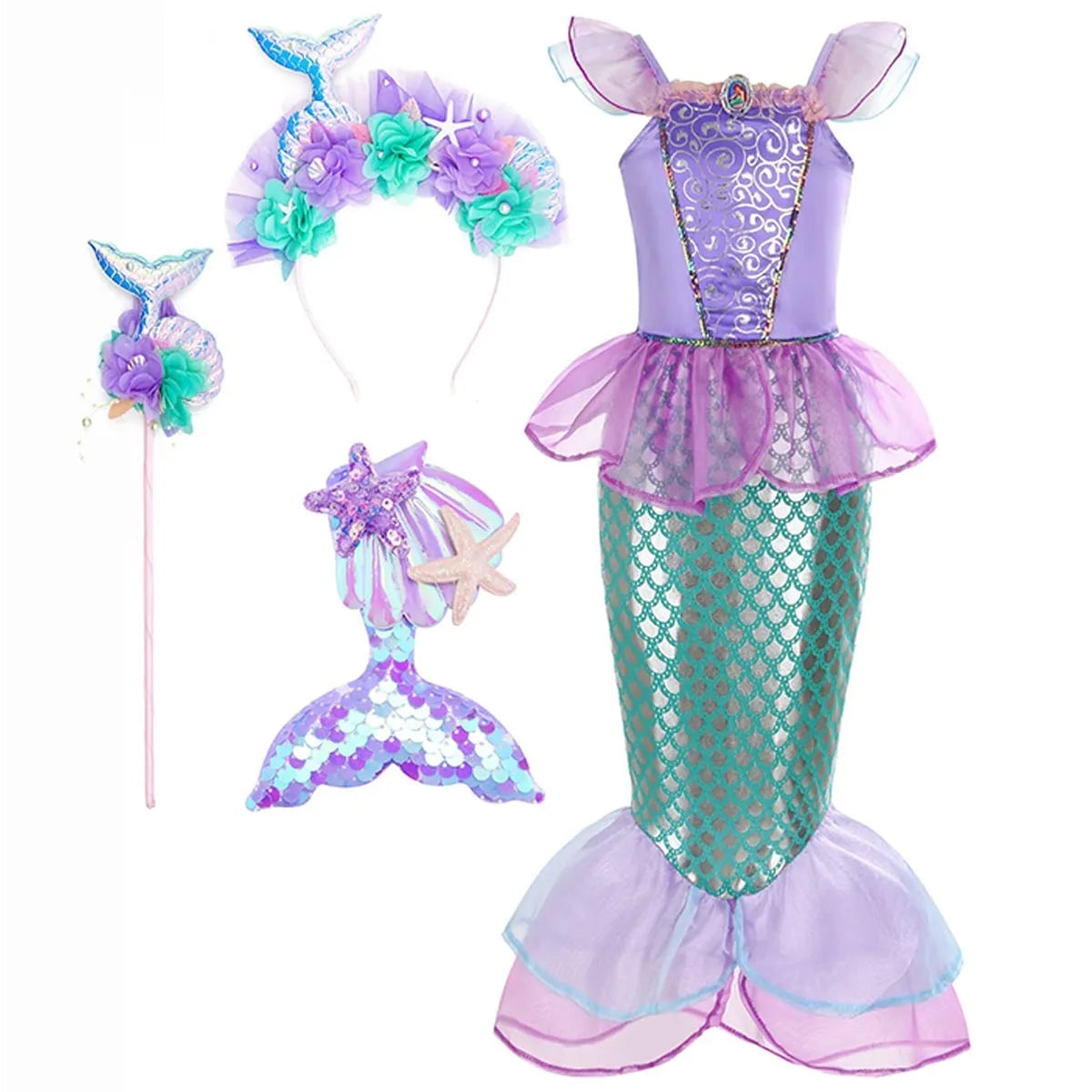 Thermabuild | Girls' Halloween Mermaid Costume Outfit with Accessories for Dress-Up Party Ariel