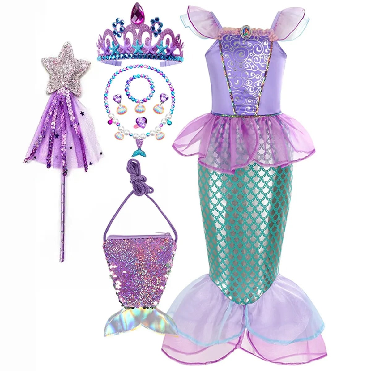 Thermabuild | Girls' Halloween Mermaid Costume Outfit with Accessories for Dress-Up Party Ariel
