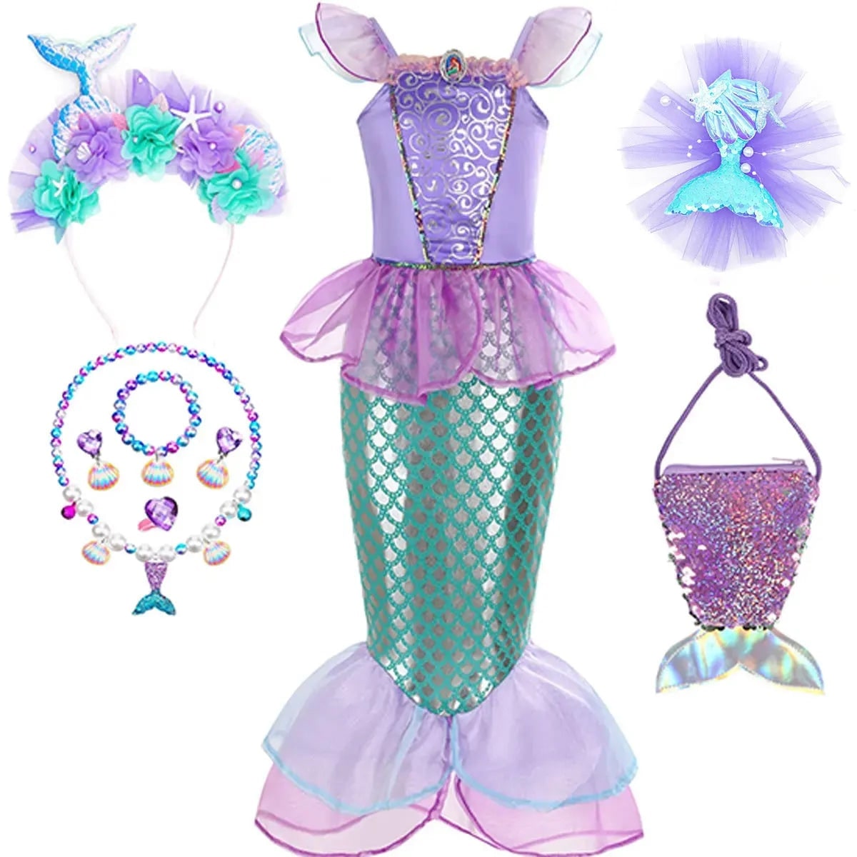 Thermabuild | Girls' Halloween Mermaid Costume Outfit with Accessories for Dress-Up Party Ariel