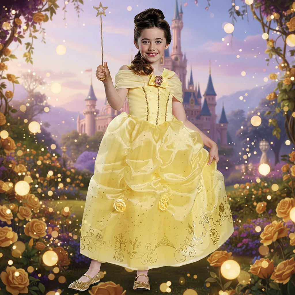 Thermabuild | Girls' Halloween Princess Costume Dress with Gold Sequin Bodice and Star Wand
