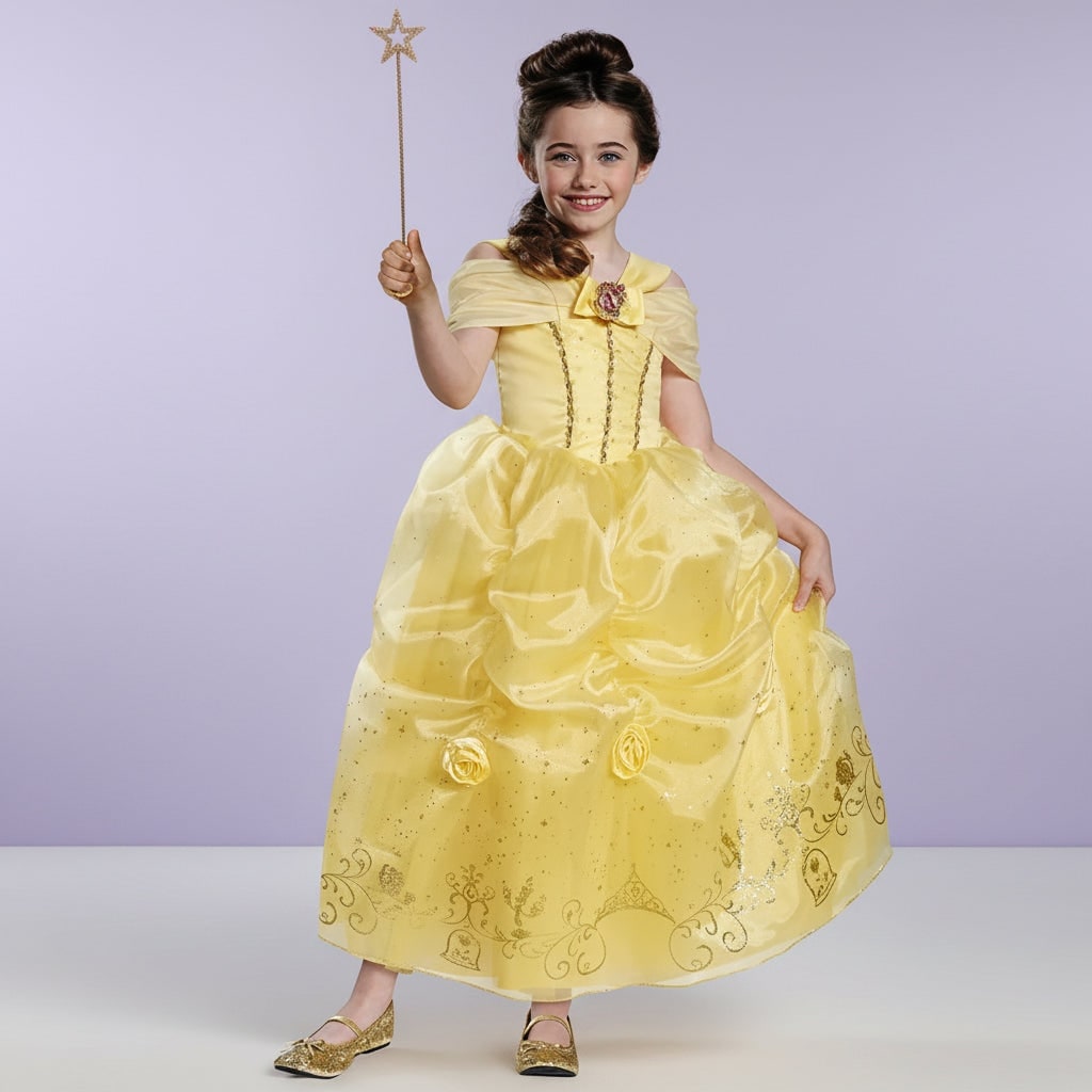 Thermabuild | Girls' Halloween Princess Costume Dress with Gold Sequin Bodice and Star Wand