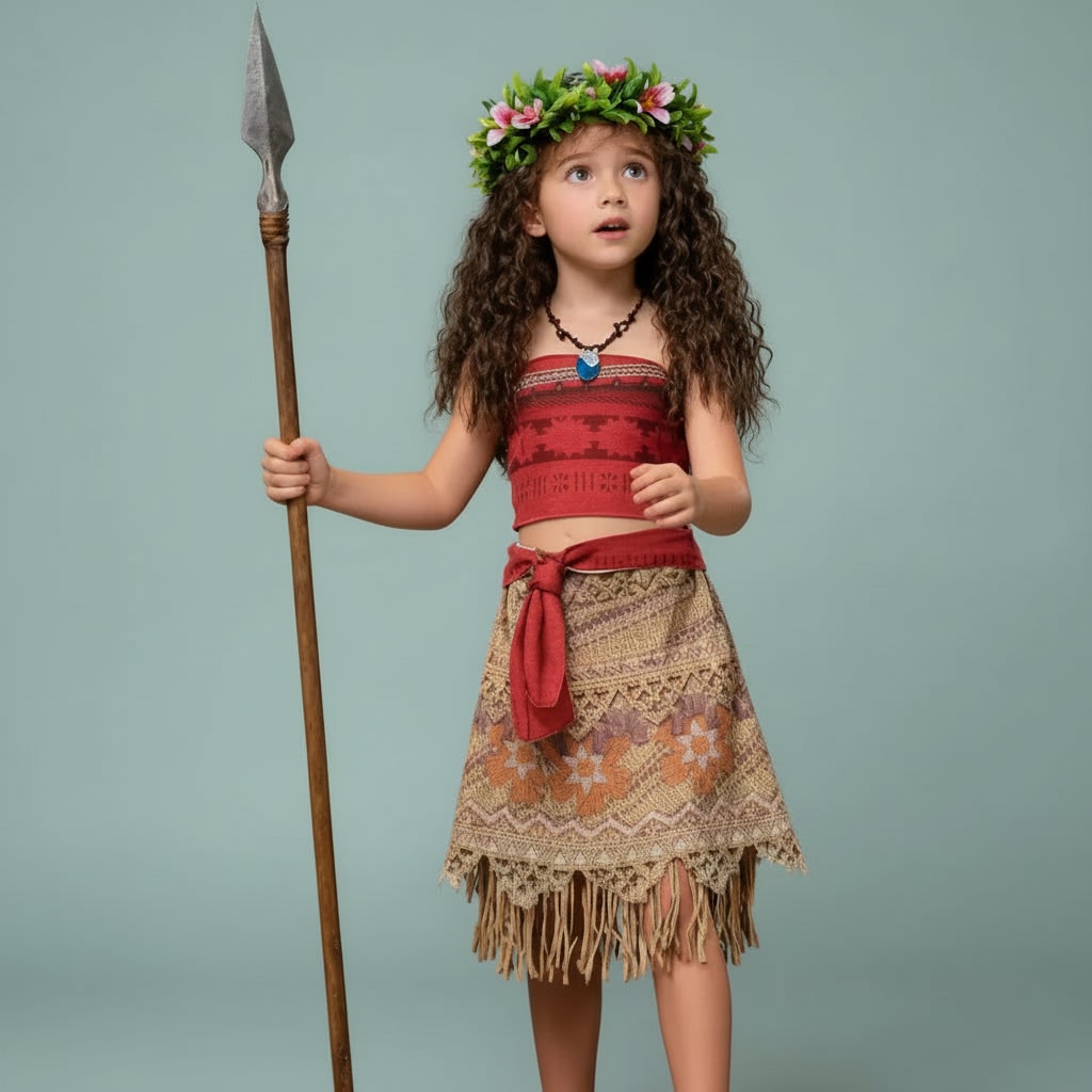 Thermabuild | Girls' Halloween Island Princess Costume Two-Piece Set with Wig Flower Crown and Fringe Skirt