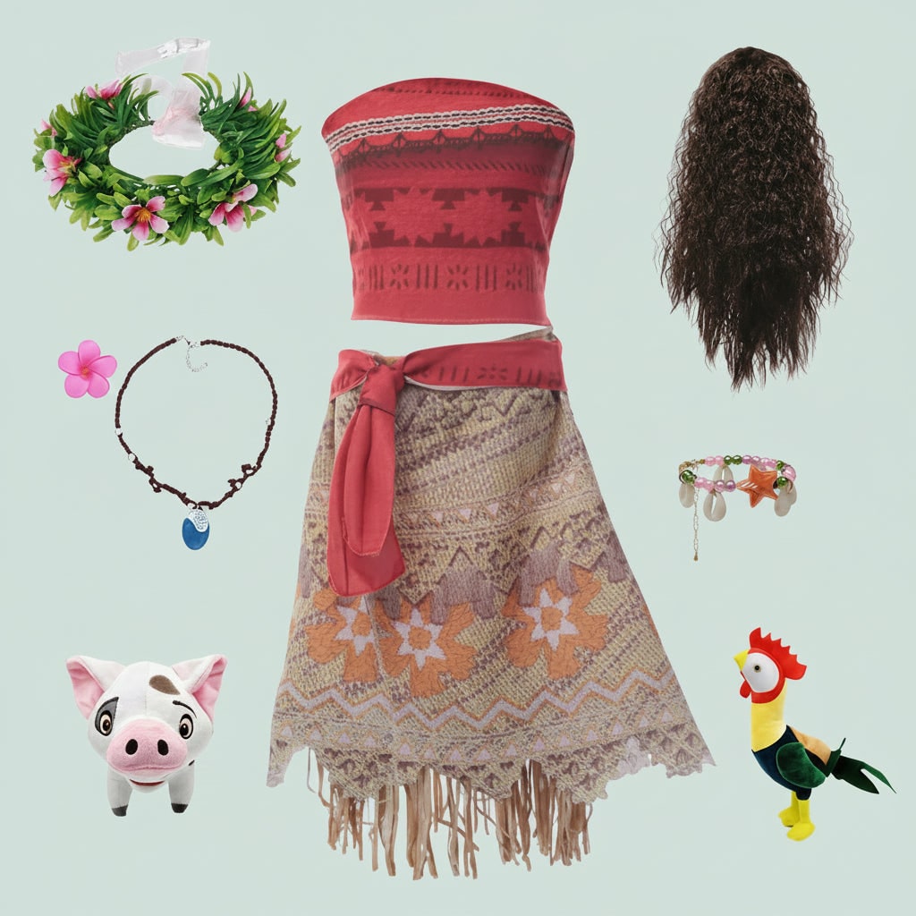 Thermabuild | Girls' Halloween Island Princess Costume Two-Piece Set with Wig Flower Crown and Fringe Skirt