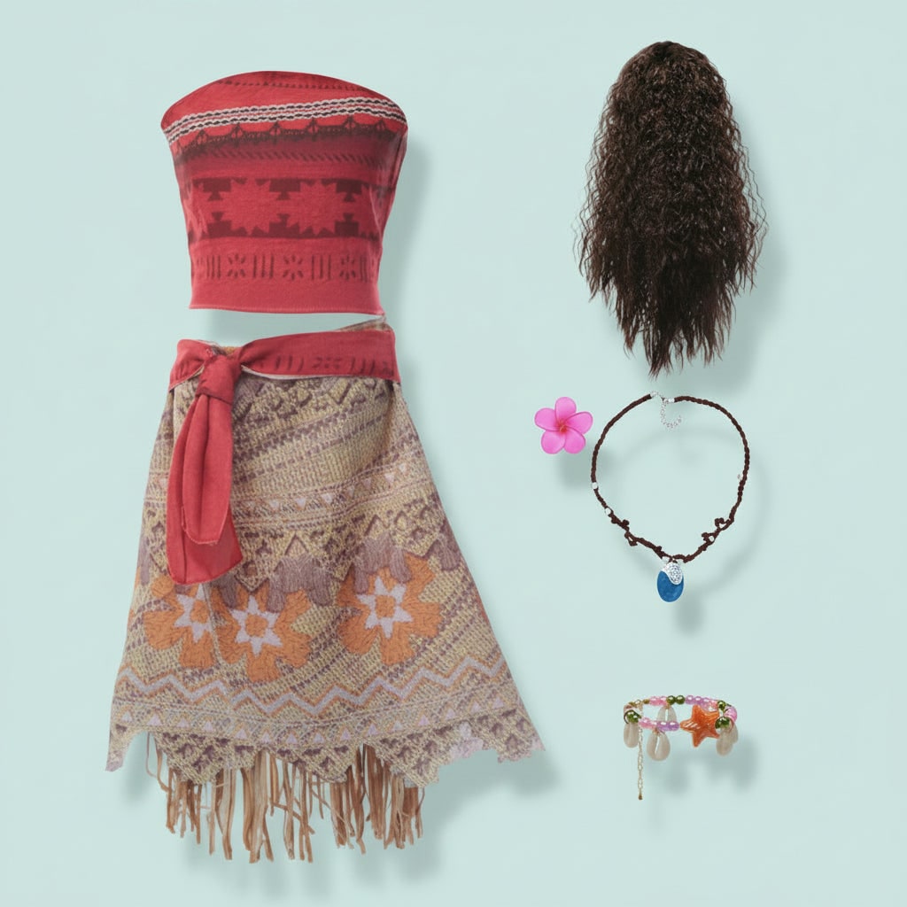 Thermabuild | Girls' Halloween Island Princess Costume Two-Piece Set with Wig Flower Crown and Fringe Skirt