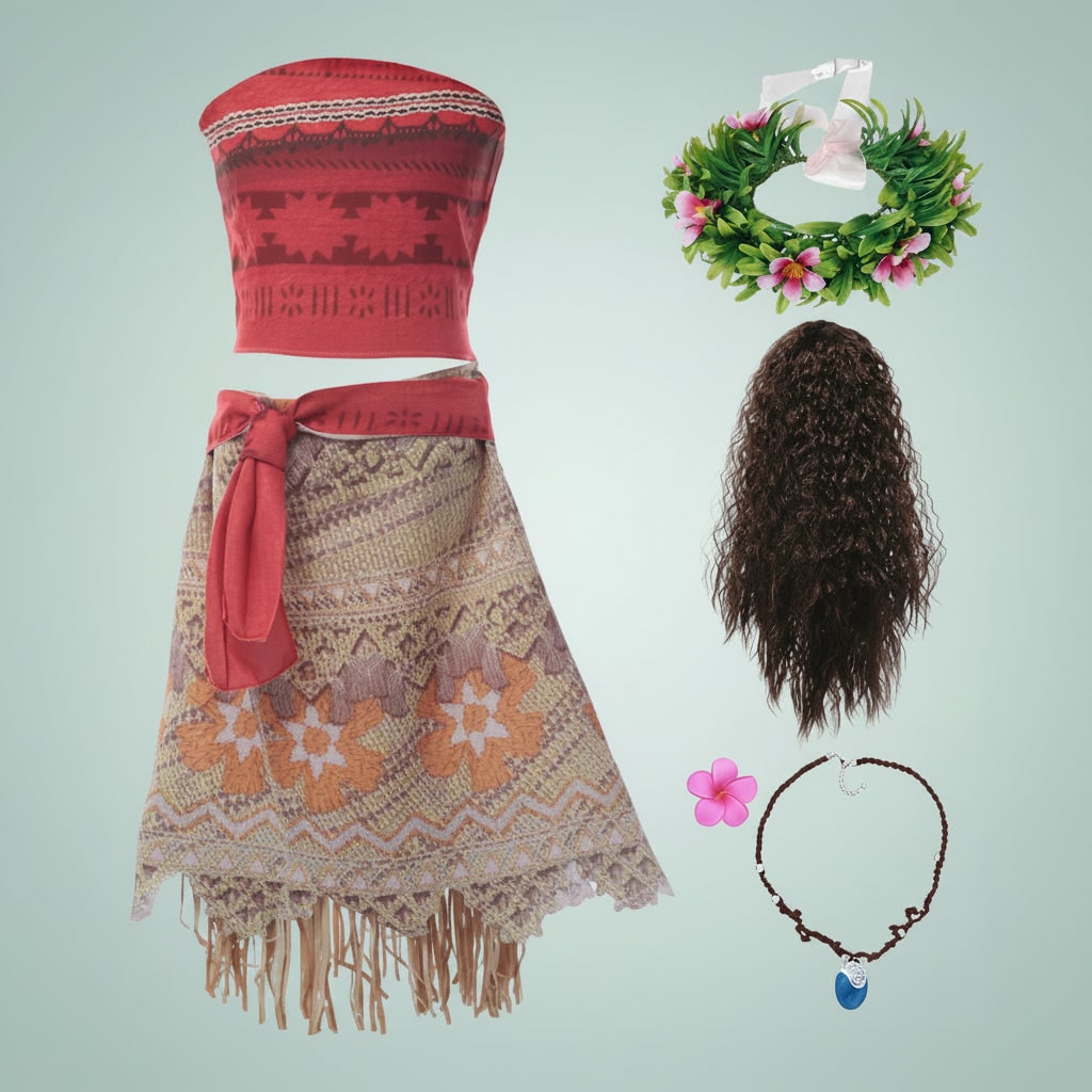 Thermabuild | Girls' Halloween Island Princess Costume Two-Piece Set with Wig Flower Crown and Fringe Skirt