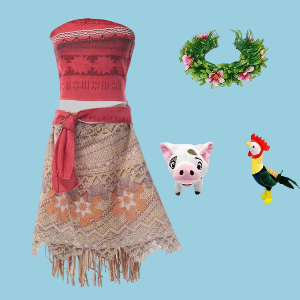 Thermabuild | Girls' Halloween Island Princess Costume Two-Piece Set with Wig Flower Crown and Fringe Skirt
