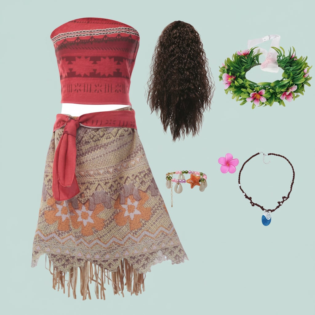 Thermabuild | Girls' Halloween Island Princess Costume Two-Piece Set with Wig Flower Crown and Fringe Skirt