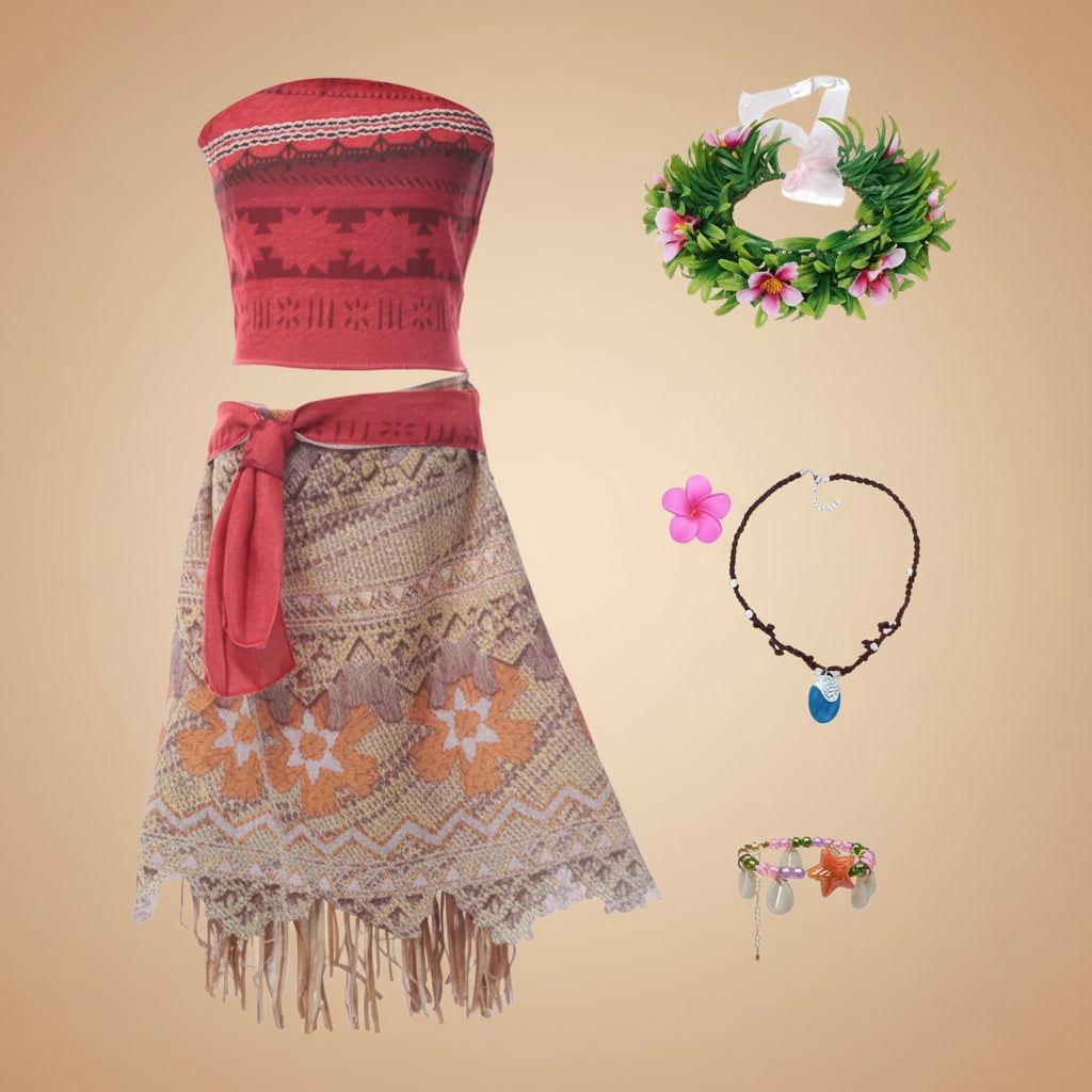 Thermabuild | Girls' Halloween Island Princess Costume Two-Piece Set with Wig Flower Crown and Fringe Skirt