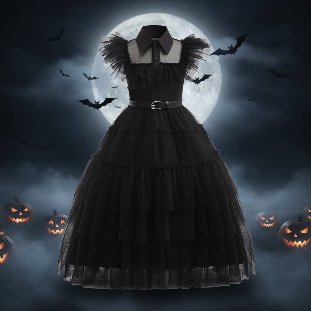 Thermabuild | Girls' Wednesday Halloween Costume with Tiered Tulle Dress and Accessories