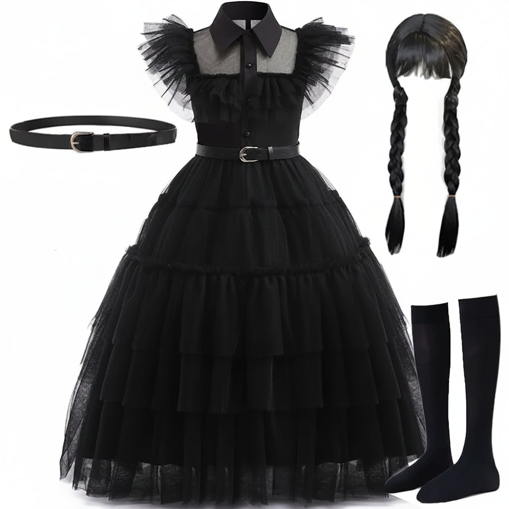 Thermabuild | Girls' Wednesday Halloween Costume with Tiered Tulle Dress and Accessories