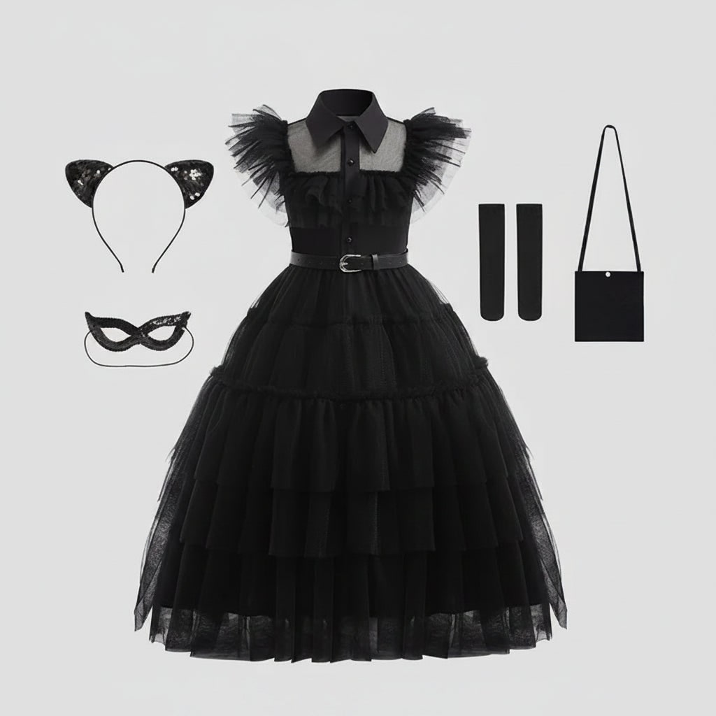 Thermabuild | Girls' Wednesday Halloween Costume with Tiered Tulle Dress and Accessories
