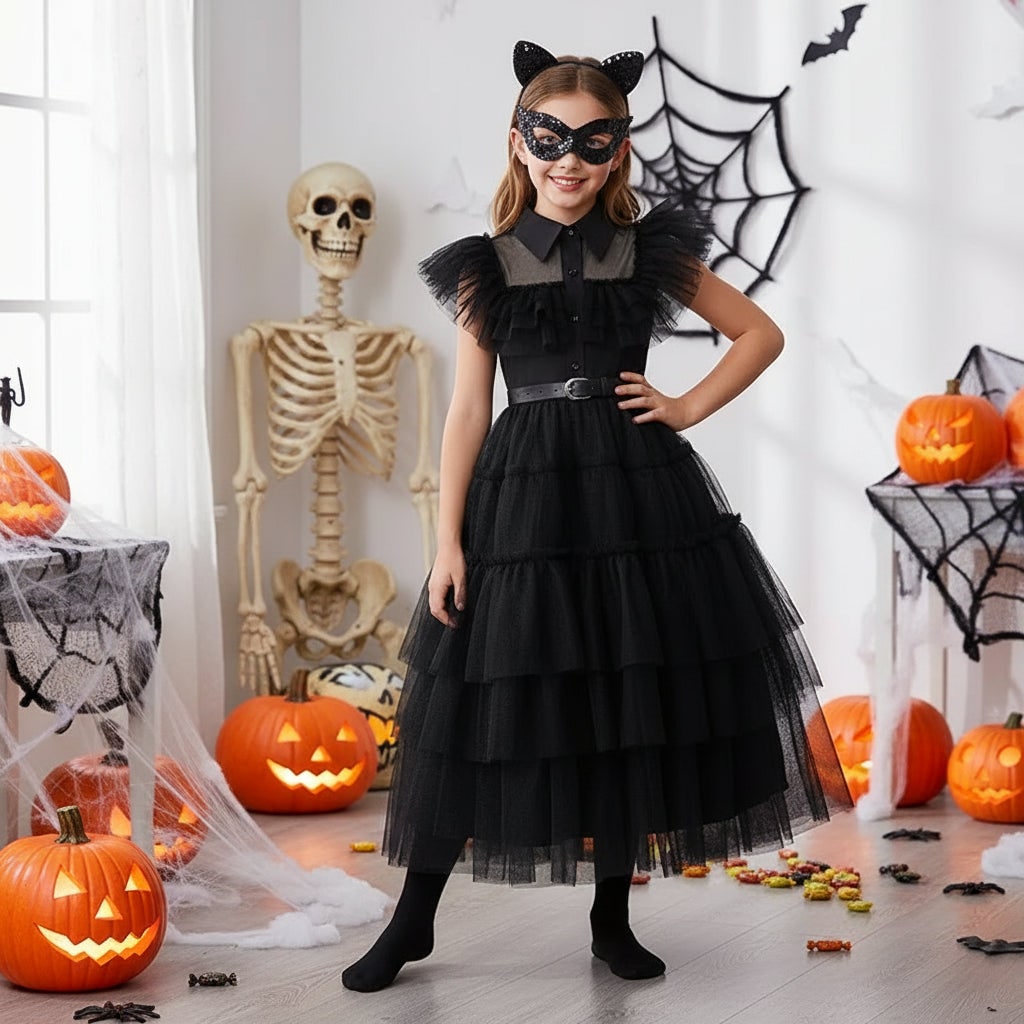 Thermabuild | Girls' Wednesday Halloween Costume with Tiered Tulle Dress and Accessories
