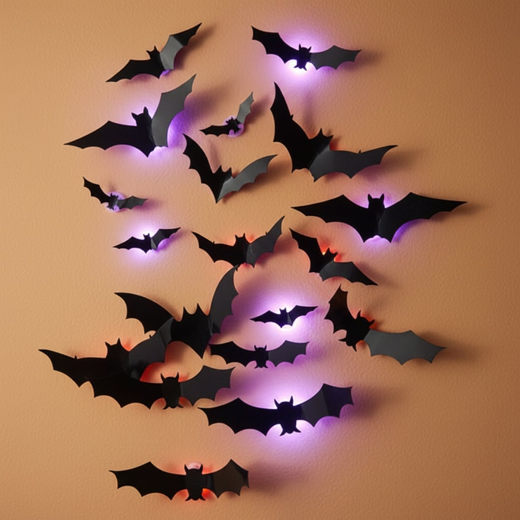 Thermabuild | Halloween 3D Bat Wall Decals with LED Lights and Peel and Stick Art Clings for Spooky
