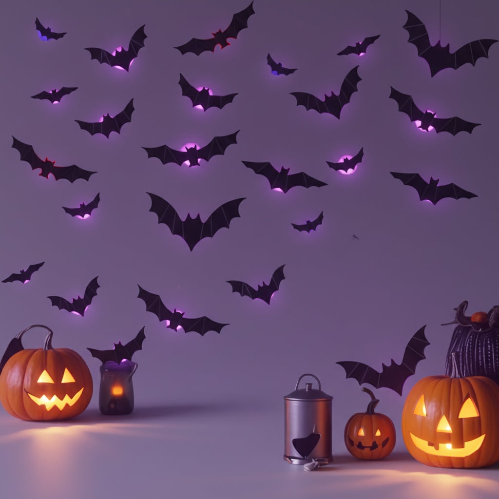 Thermabuild | Halloween 3D Bat Wall Decals with LED Lights and Peel and Stick Art Clings for Spooky