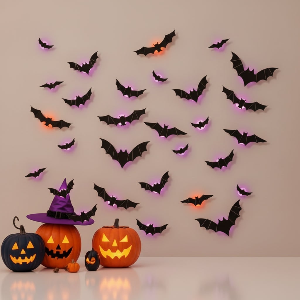 Thermabuild | Halloween 3D Bat Wall Decals with LED Lights and Peel and Stick Art Clings for Spooky