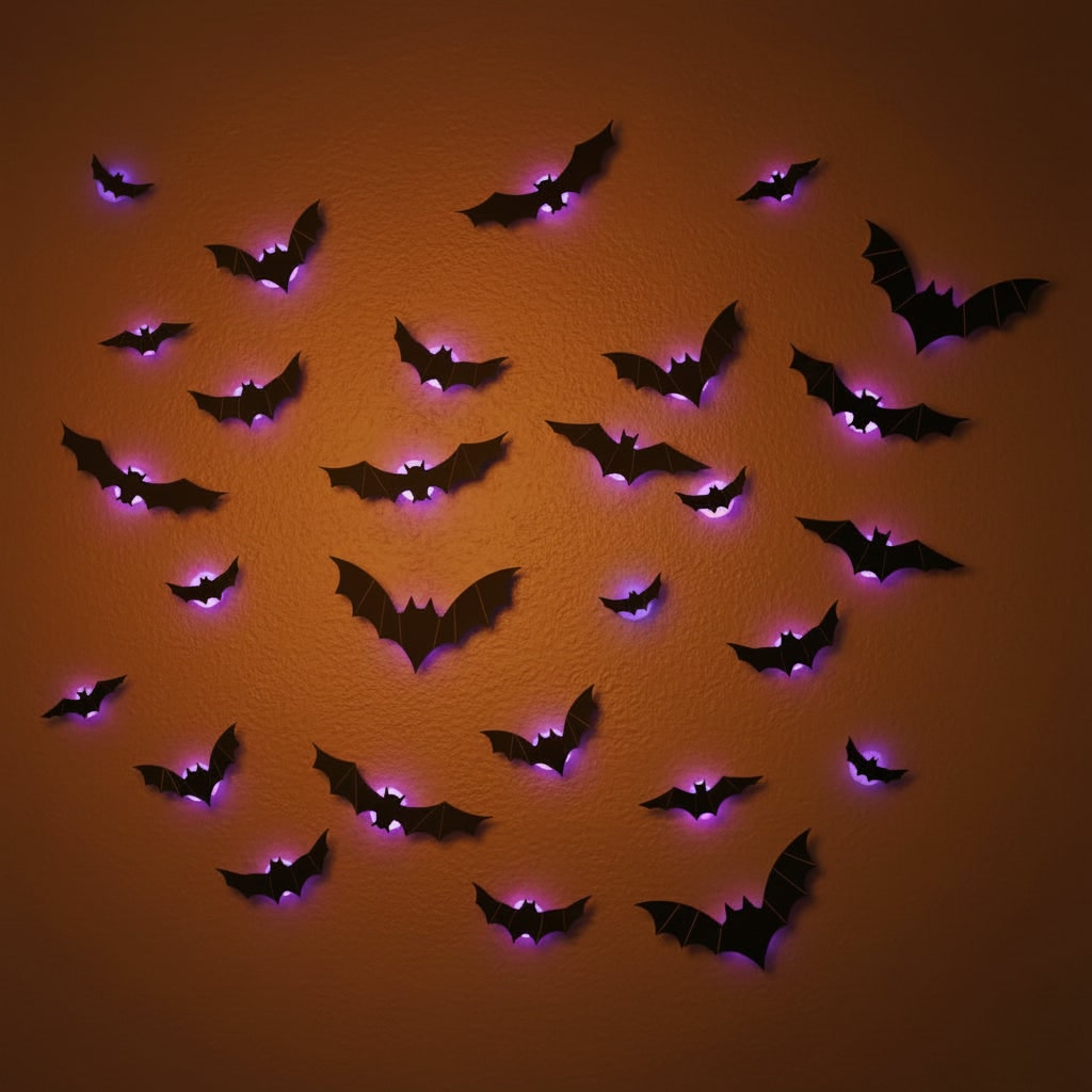 Thermabuild | Halloween 3D Bat Wall Decals with LED Lights and Peel and Stick Art Clings for Spooky