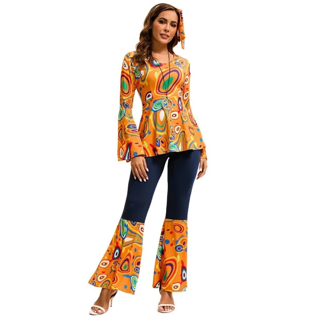 Thermabuild | Halloween 70s Costume Hippie Bell Bottom Set with Headband and Psychedelic Print