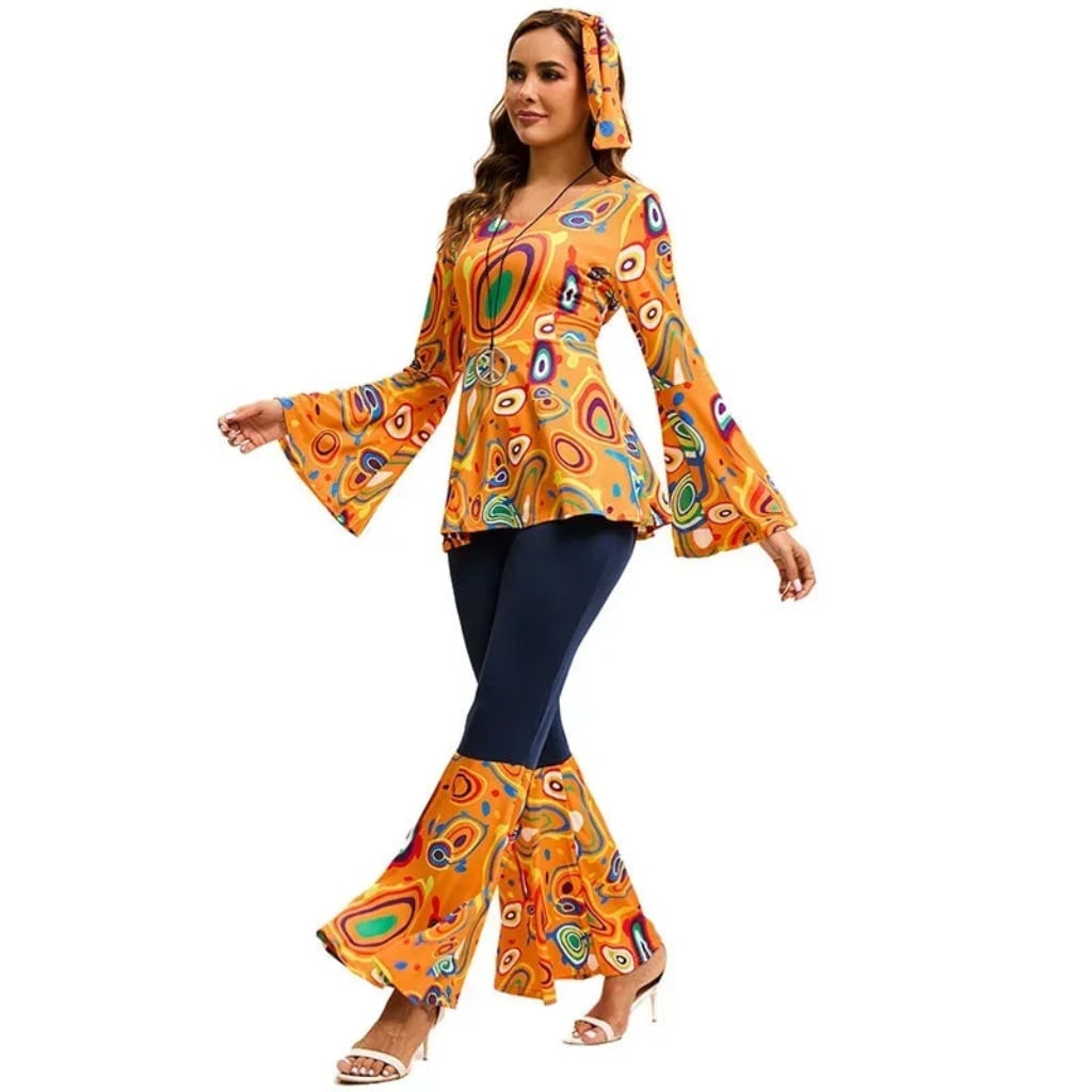 Thermabuild | Halloween 70s Costume Hippie Bell Bottom Set with Headband and Psychedelic Print