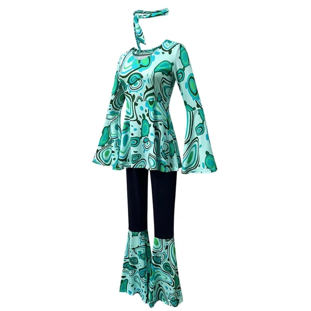 Thermabuild | Halloween 70s Costume Hippie Bell Bottom Set with Headband and Psychedelic Print