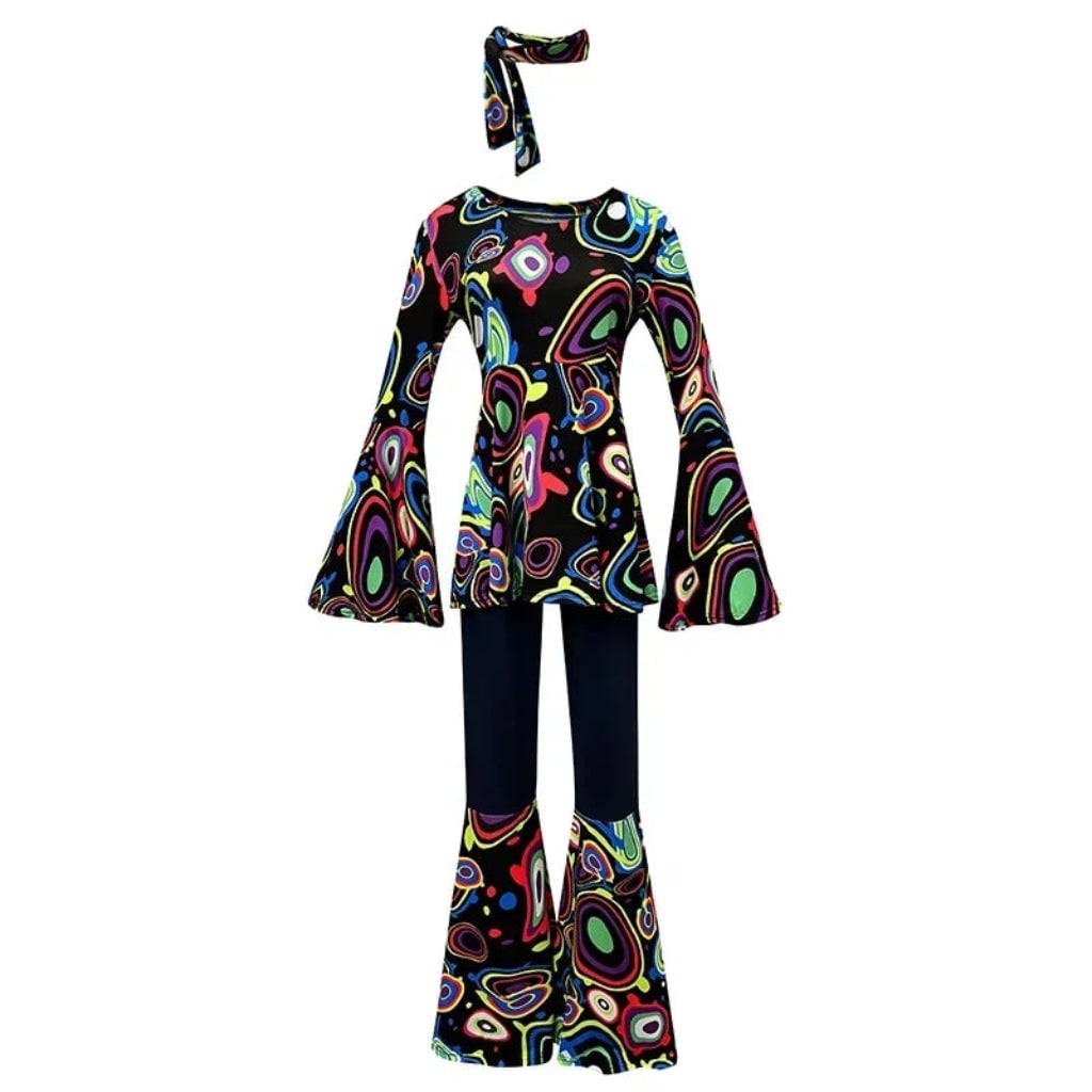 Thermabuild | Halloween 70s Costume Hippie Bell Bottom Set with Headband and Psychedelic Print
