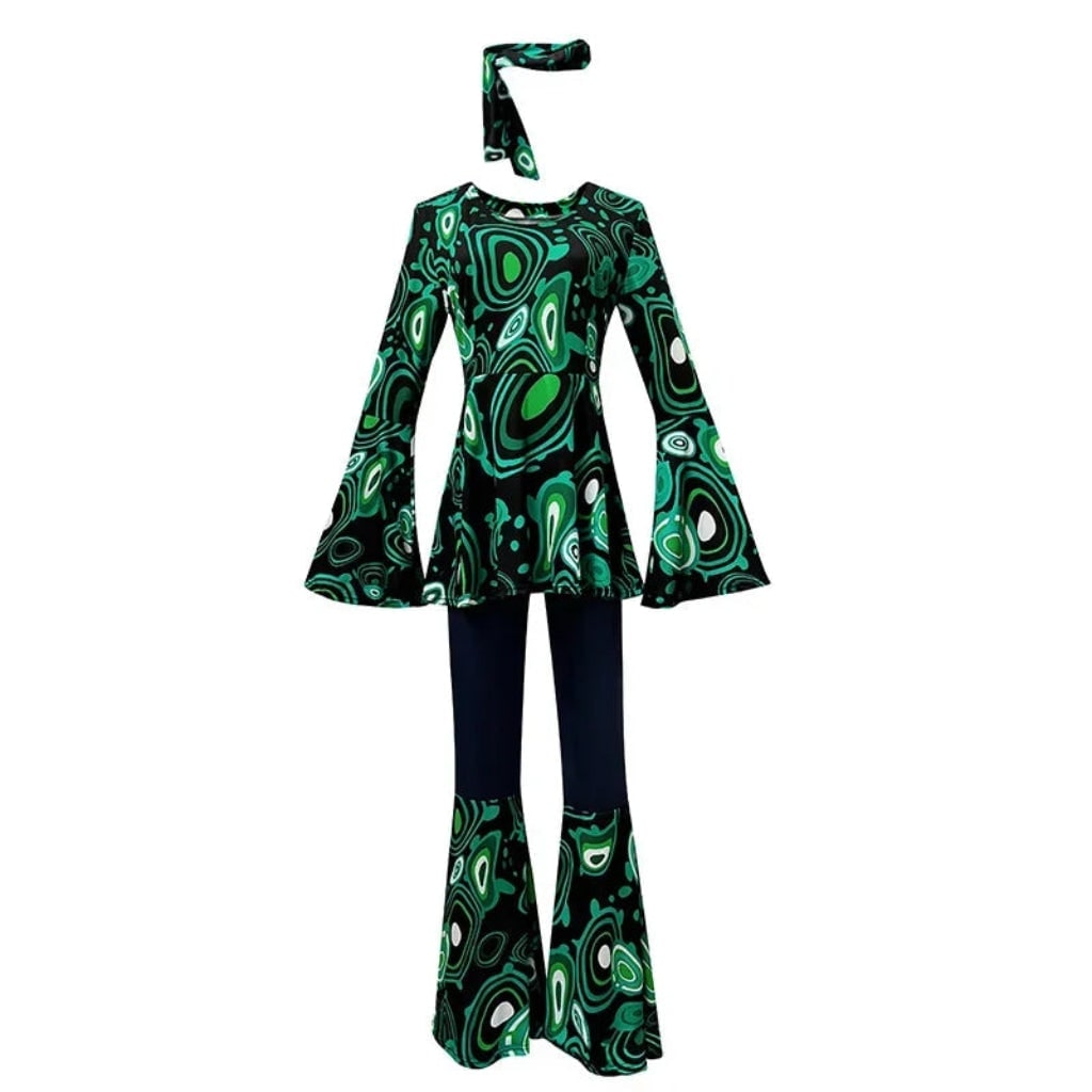 Thermabuild | Halloween 70s Costume Hippie Bell Bottom Set with Headband and Psychedelic Print