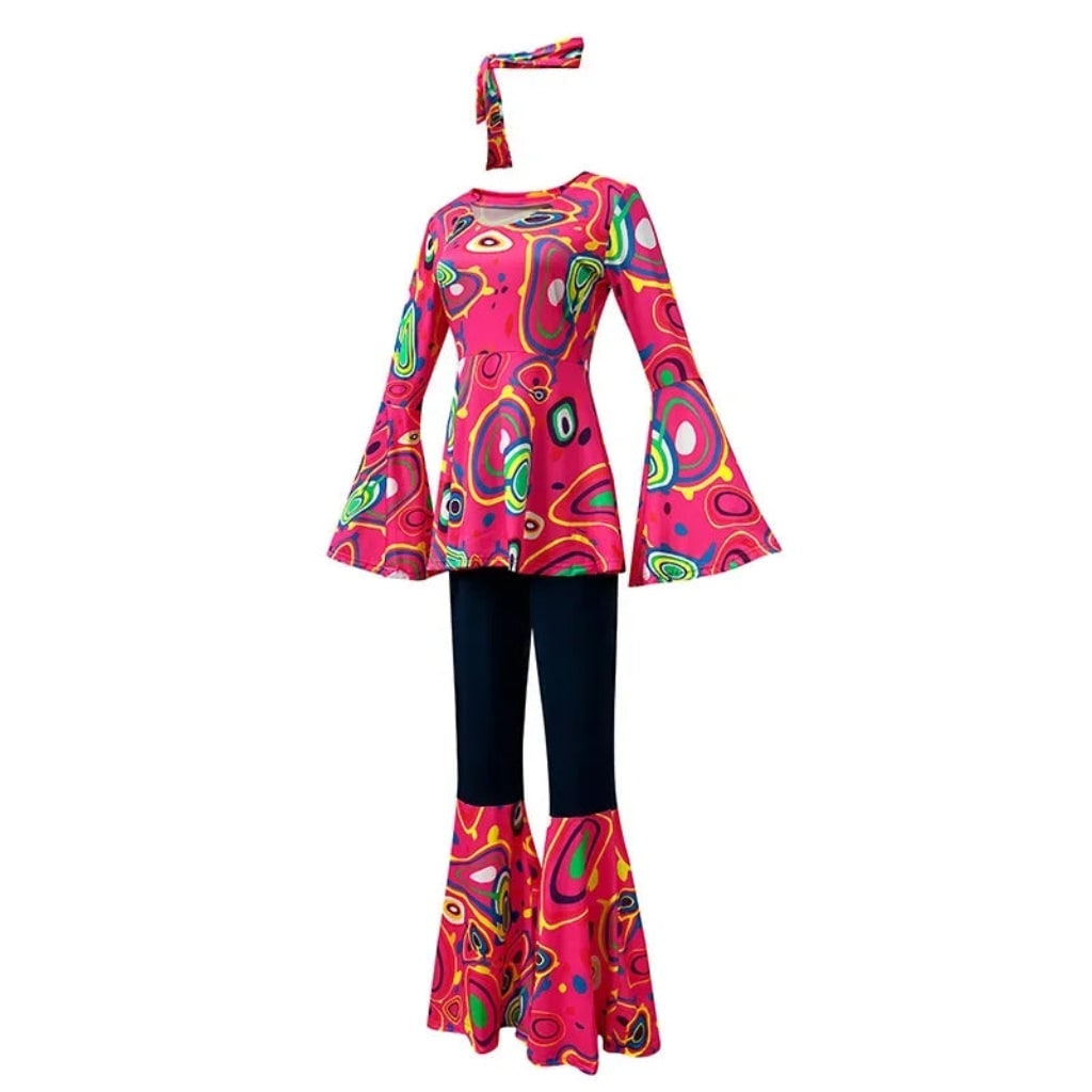 Thermabuild | Halloween 70s Costume Hippie Bell Bottom Set with Headband and Psychedelic Print