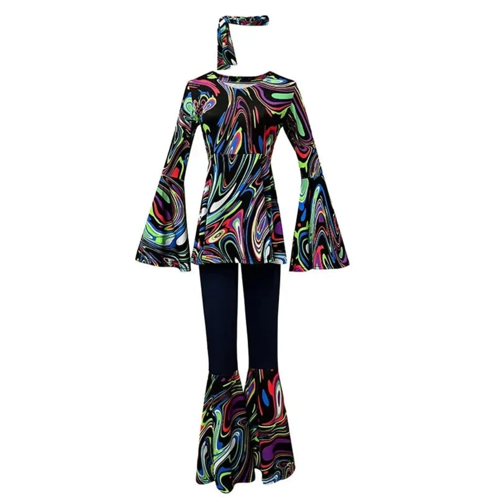Thermabuild | Halloween 70s Costume Hippie Bell Bottom Set with Headband and Psychedelic Print