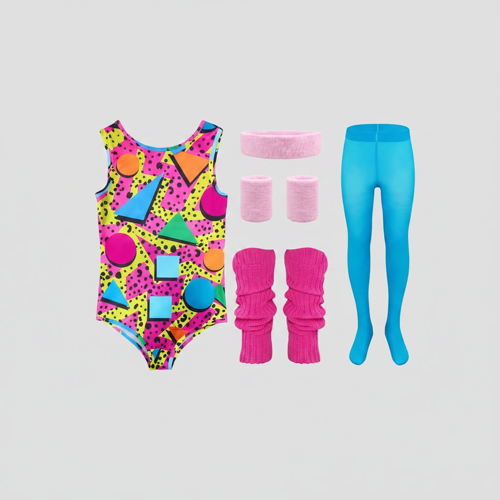 Thermabuild | Halloween 80s Costume Party Outfit Workout Aerobics Leotard with Leg Warmers Headband and Wristbands