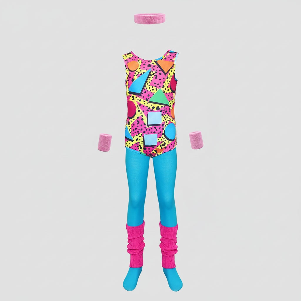 Thermabuild | Halloween 80s Costume Party Outfit Workout Aerobics Leotard with Leg Warmers Headband and Wristbands