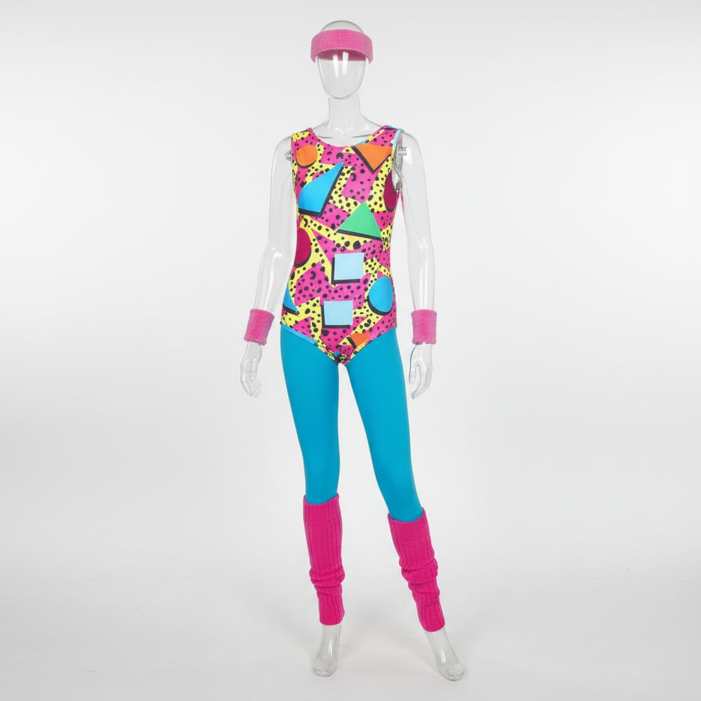 Thermabuild | Halloween 80s Costume Party Outfit Workout Aerobics Leotard with Leg Warmers Headband and Wristbands