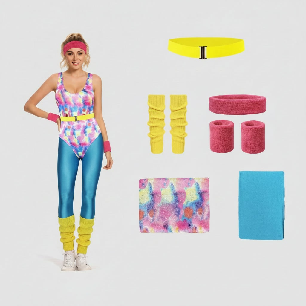 Thermabuild | Halloween 80s Costume Party Outfit Workout Aerobics Leotard with Leg Warmers Headband and Wristbands